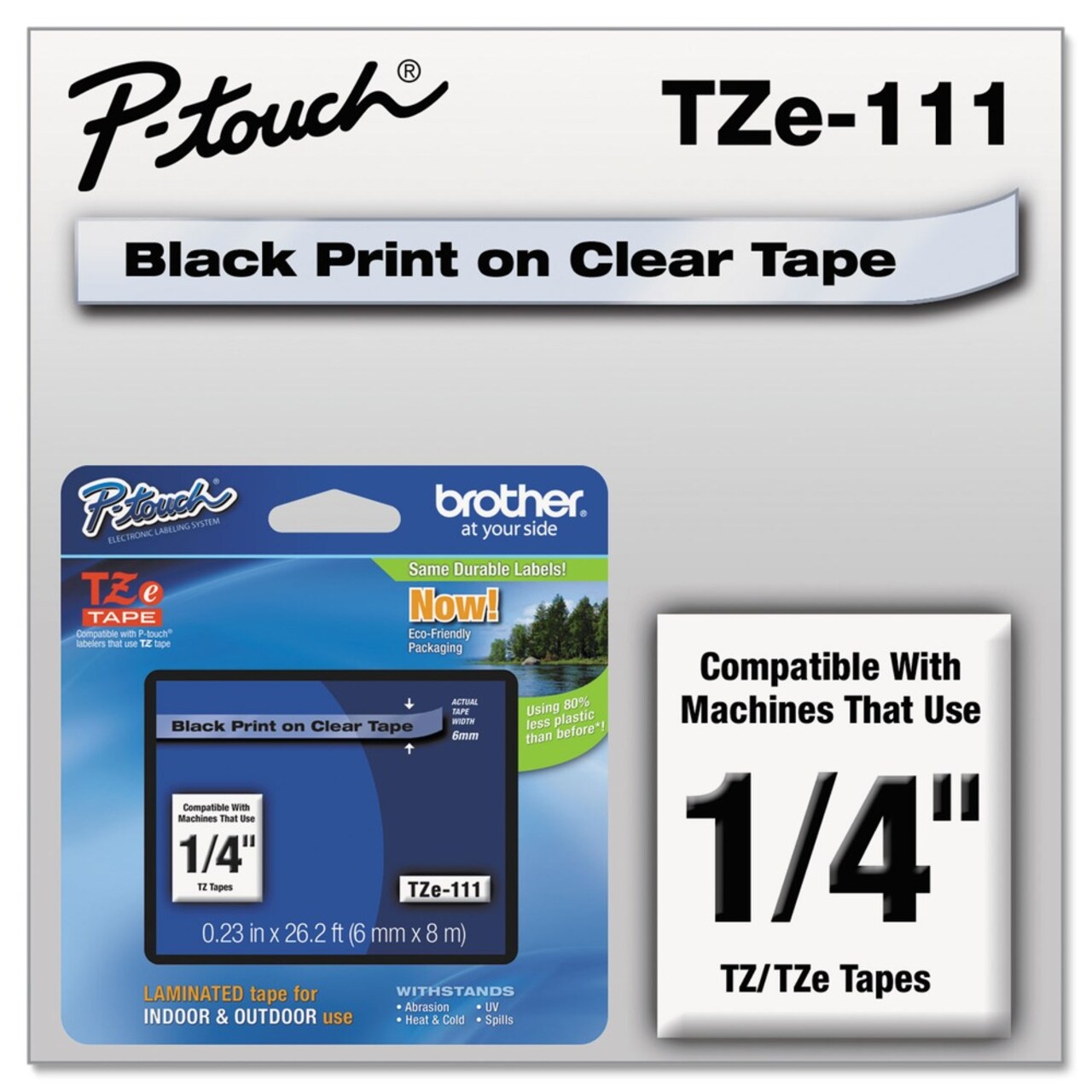 Brother P-Touch 0.23 in. x 26.2 ft. TZe Standard Adhesive Laminated Labeling Tape - Black on Clear